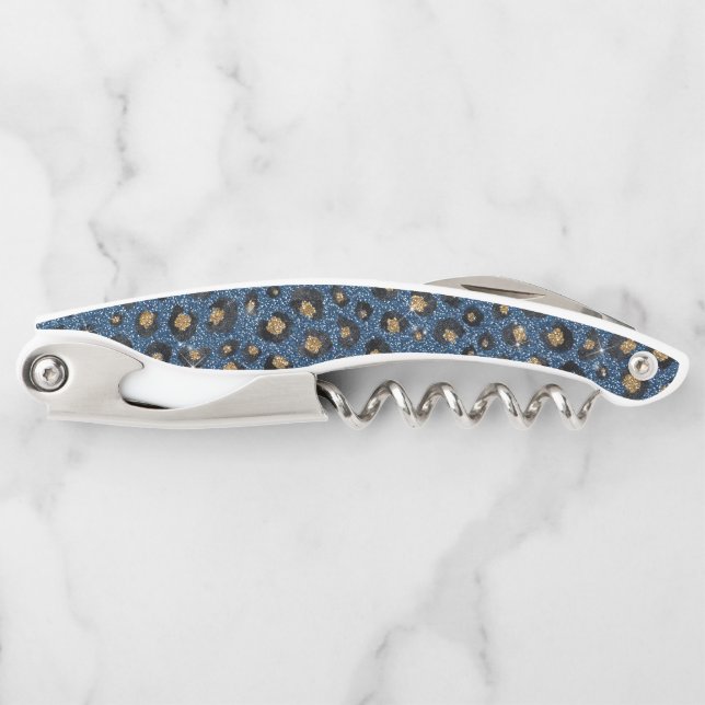 Elegant Blue Glitter Black Gold Leopard Print Corkscrew (Front)