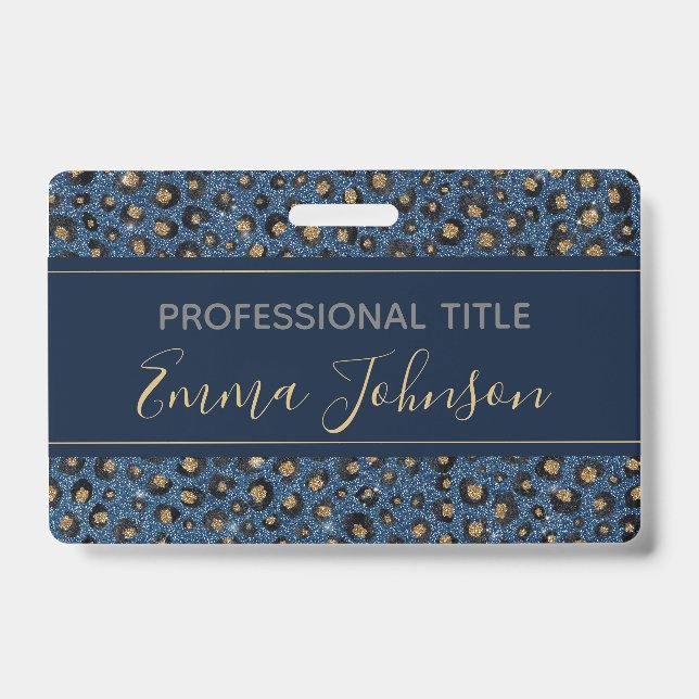Elegant Blue Glitter Black Gold Leopard Print ID Badge (Front)