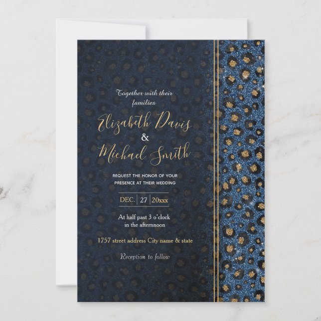 Elegant Blue Glitter Black Gold Leopard Print Invitation (Front)