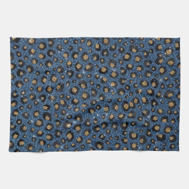 Elegant Blue Glitter Black Gold Leopard Print Tea Towel (Horizontal)