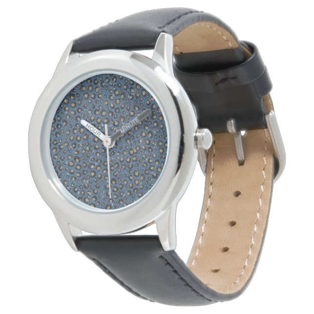 Elegant Blue Glitter Black Gold Leopard Print Watch (Angled)