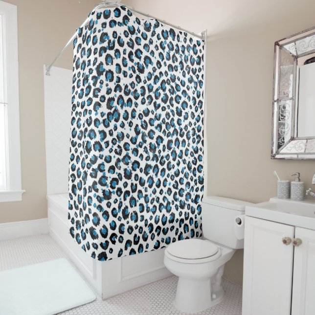 Elegant Blue Glitter Black Leopard Animal Print Shower Curtain (In Situ)