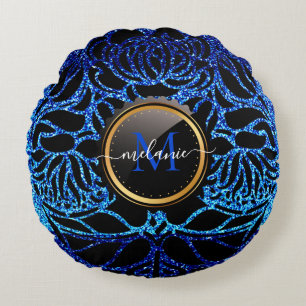Elegant Blue Glitter Black Zebra Animal Print Round Cushion