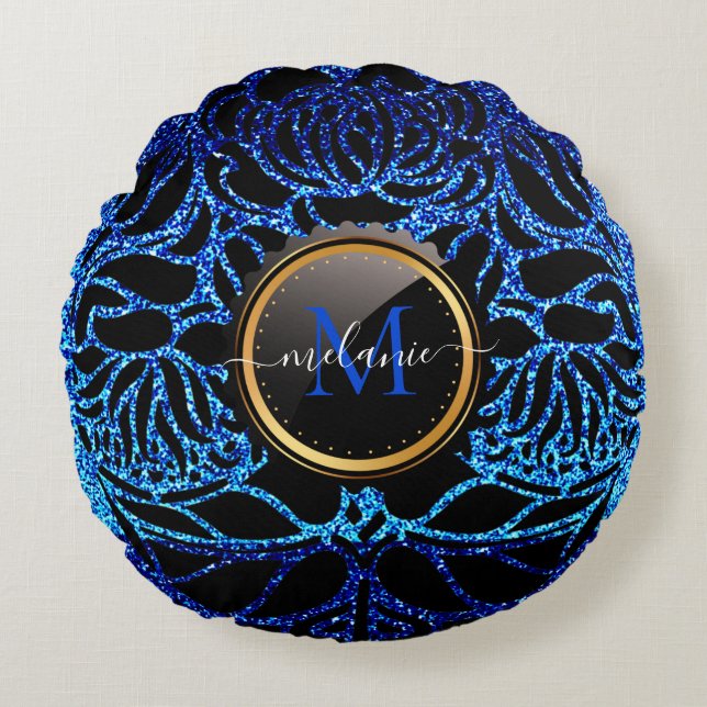 Elegant Blue Glitter Black Zebra Animal Print   Round Cushion (Front)