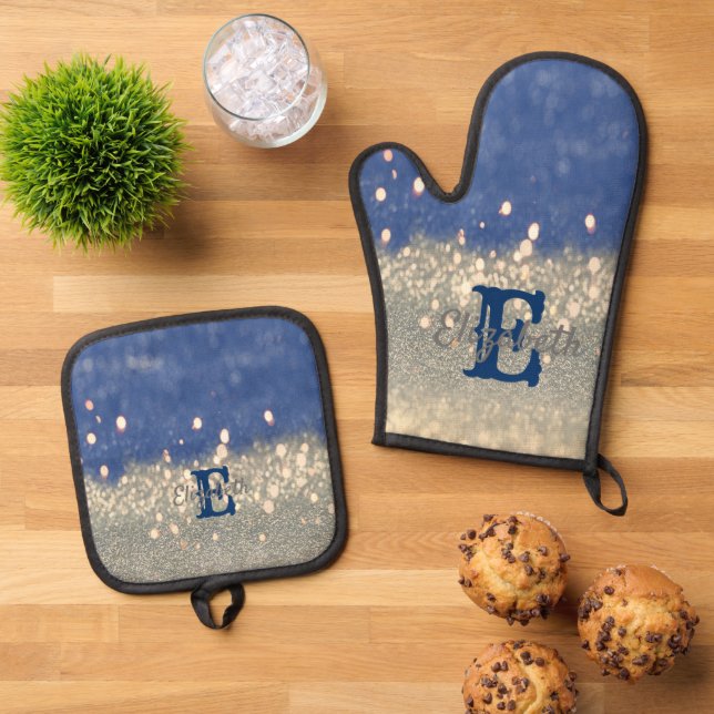 Elegant Blue Glitter Bokeh Monogram Oven Mitt & Pot Holder Set (Top Down)