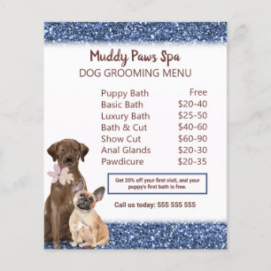 Elegant Blue Glitter Dog Grooming Menu  Flyer