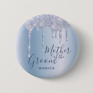 Elegant blue glitter drips mother of the groom 6 cm round badge