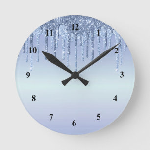 Elegant Blue Glitter Drips Round Clock
