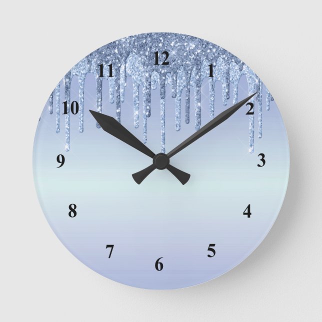 Elegant Blue Glitter Drips Round Clock (Front)