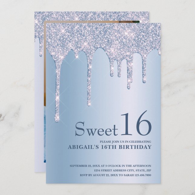 Elegant blue glitter drips sweet sixteen invitation (Front/Back)
