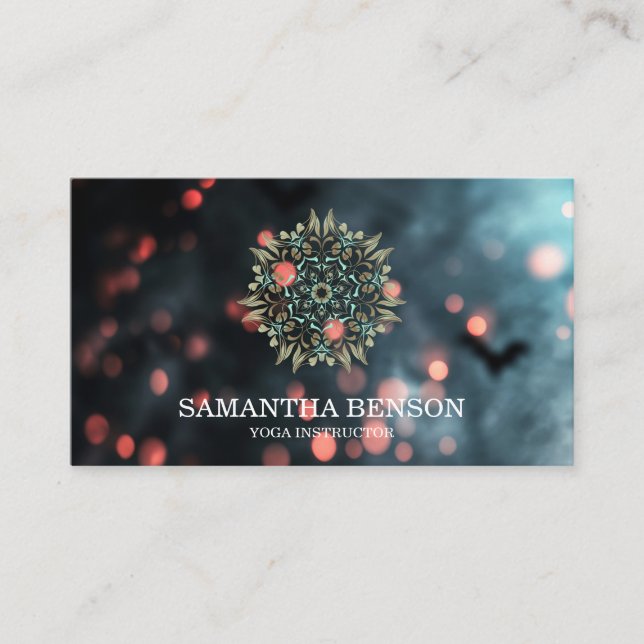 Elegant Blue Glitter Lotus Yoga Instructor Business Card (Front)
