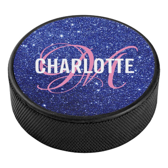 Elegant blue glitter monogram name hockey puck (3/4)