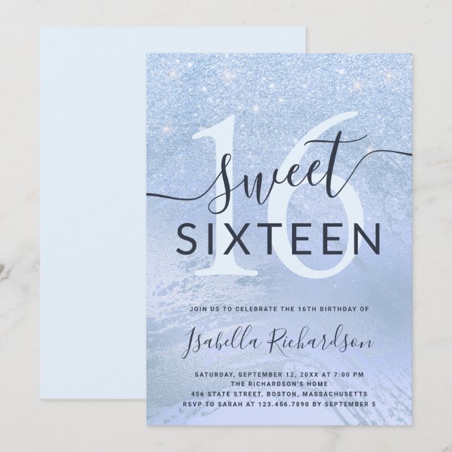Elegant blue glitter sweet sixteen birthday party invitation (Front/Back)