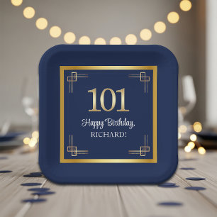 Elegant Blue Gold 101st Birthday Party Paper Plate