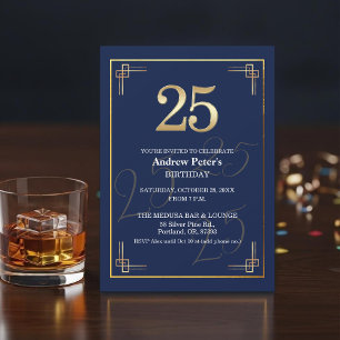 Elegant Blue Gold 25th Birthday Party Invitation