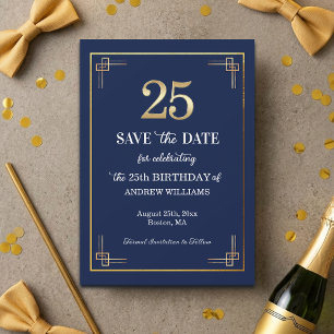 Elegant Blue Gold 25th Birthday Party Save The Date