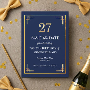 Elegant Blue Gold 27th Birthday Party Save The Date