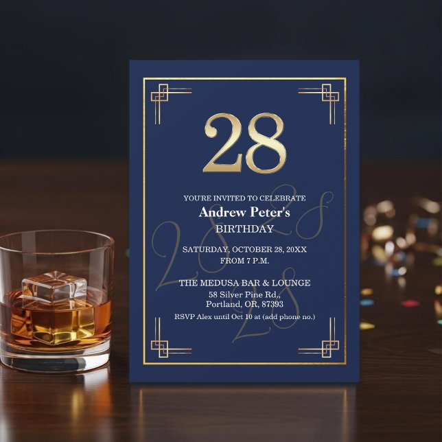 Elegant Blue Gold 28th Birthday Party Invitation (Creator Uploaded)