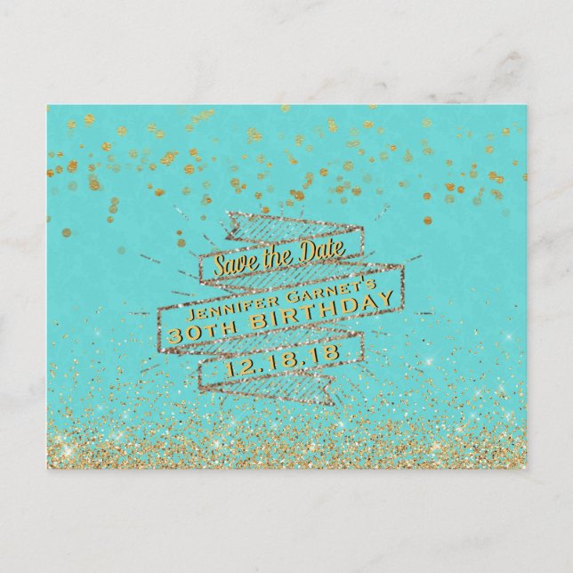 Elegant Blue Gold 30th Birthday Save the Date Announcement Postcard (Front)