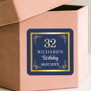 Elegant Blue Gold 32nd Birthday Party Square Sticker