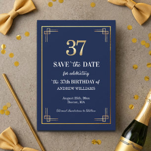 Elegant Blue Gold 37th Birthday Party Save The Date