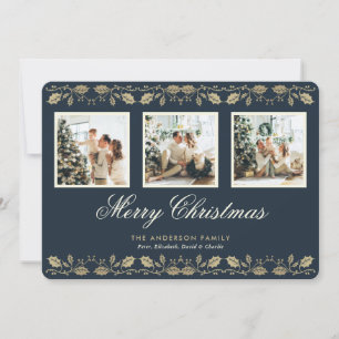 Elegant Blue Gold 3 Photo Merry Christmas Card