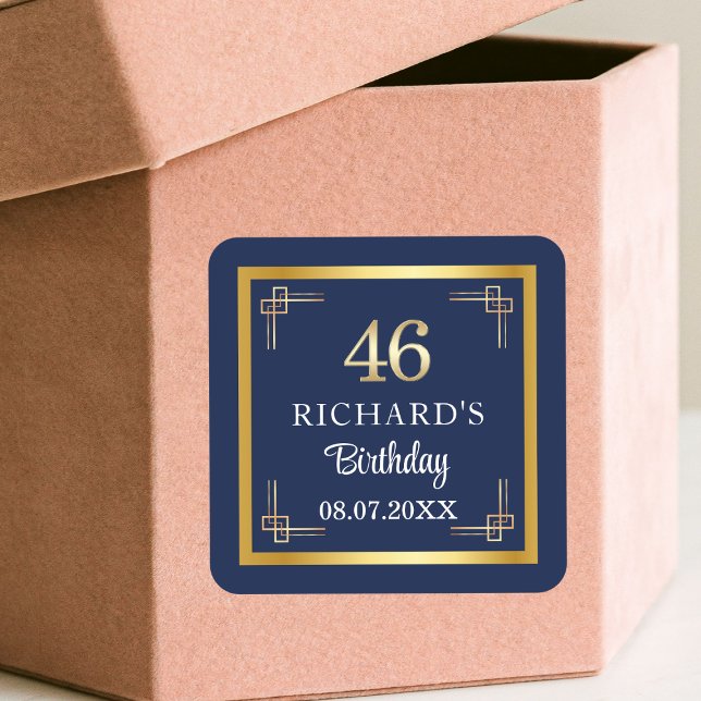 Elegant Blue Gold 46th Birthday Party Square Sticker (Creator Uploaded)