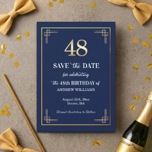 Elegant Blue Gold 48th Birthday Party Save The Date