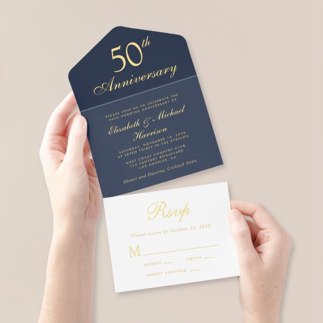Elegant Blue Gold 50th Wedding Anniversary All In One Invitation (Creator Uploaded)
