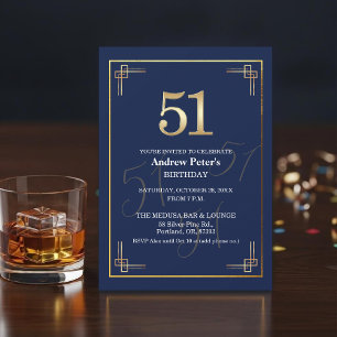 Elegant Blue Gold 51st Birthday Party Invitation
