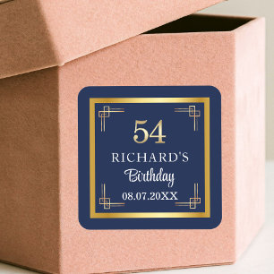 Elegant Blue Gold 54th Birthday Party Square Sticker