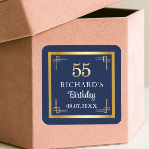Elegant Blue Gold 55th Birthday Party Square Sticker