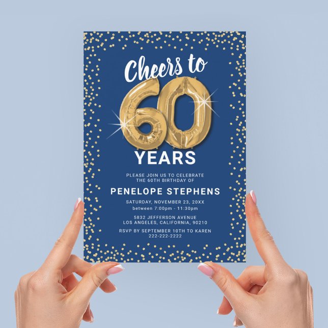 Elegant Blue Gold 60th Birthday Invitation (Creator Uploaded)
