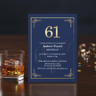 Elegant Blue Gold 61st Birthday Party Invitation