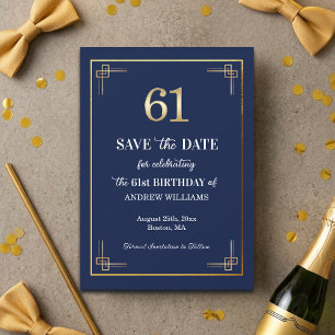 Elegant Blue Gold 61st Birthday Party Save The Date