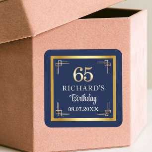 Elegant Blue Gold 65th Birthday Party Square Sticker