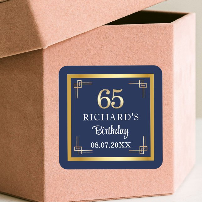 Elegant Blue Gold 65th Birthday Party Square Sticker (Creator Uploaded)