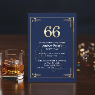 Elegant Blue Gold 66th Birthday Party Invitation