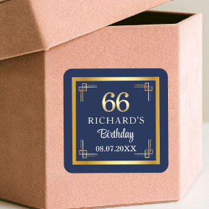 Elegant Blue Gold 66th Birthday Party Square Sticker