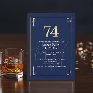 Elegant Blue Gold 74th Birthday Party Invitation