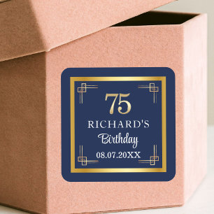 Elegant Blue Gold 75th Birthday Party Square Sticker