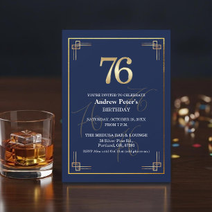 Elegant Blue Gold 76th Birthday Party Invitation