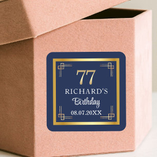 Elegant Blue Gold 77th Birthday Party Square Sticker