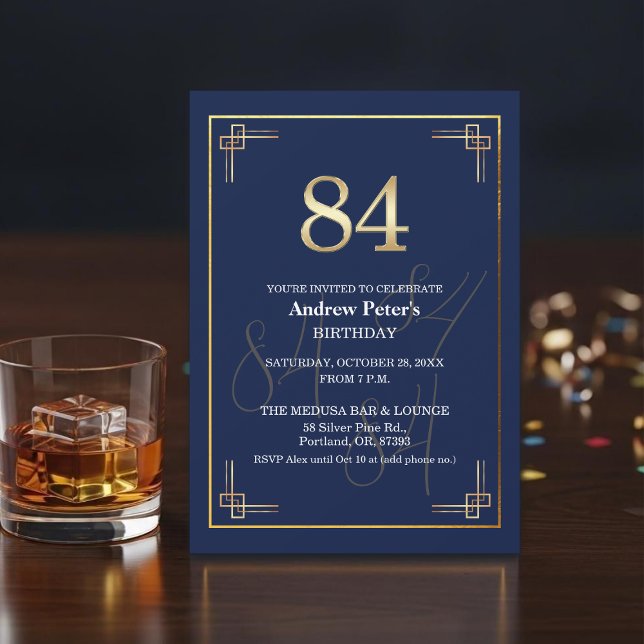 Elegant Blue Gold 84th Birthday Party Invitation (Creator Uploaded)
