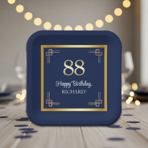 Elegant Blue Gold 88th Birthday Party Paper Plate