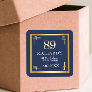 Elegant Blue Gold 89th Birthday Party Square Sticker