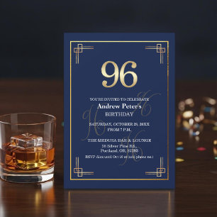 Elegant Blue Gold 96th Birthday Party Invitation