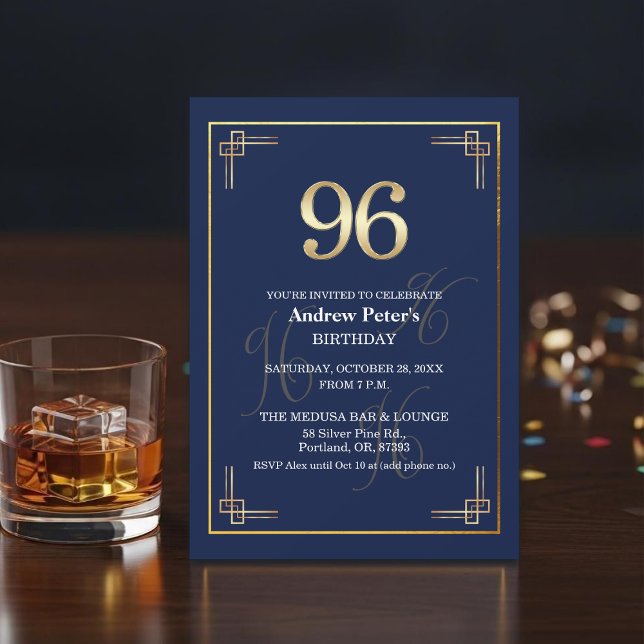 Elegant Blue Gold 96th Birthday Party Invitation (Creator Uploaded)