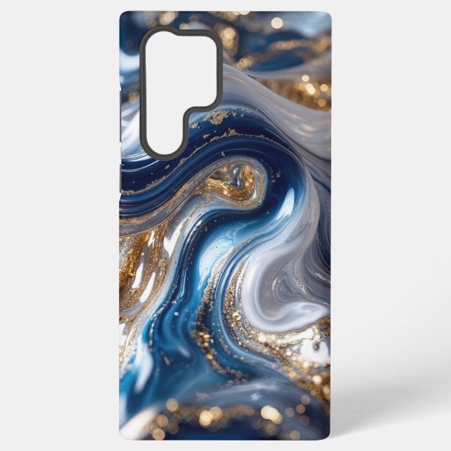 Elegant Blue Gold Abstract Wave 3D Pattern Samsung Galaxy S22 Ultra Case (Back)