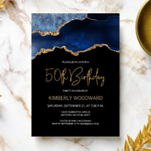 Elegant Blue Gold Agate 50th Birthday Party Invitation